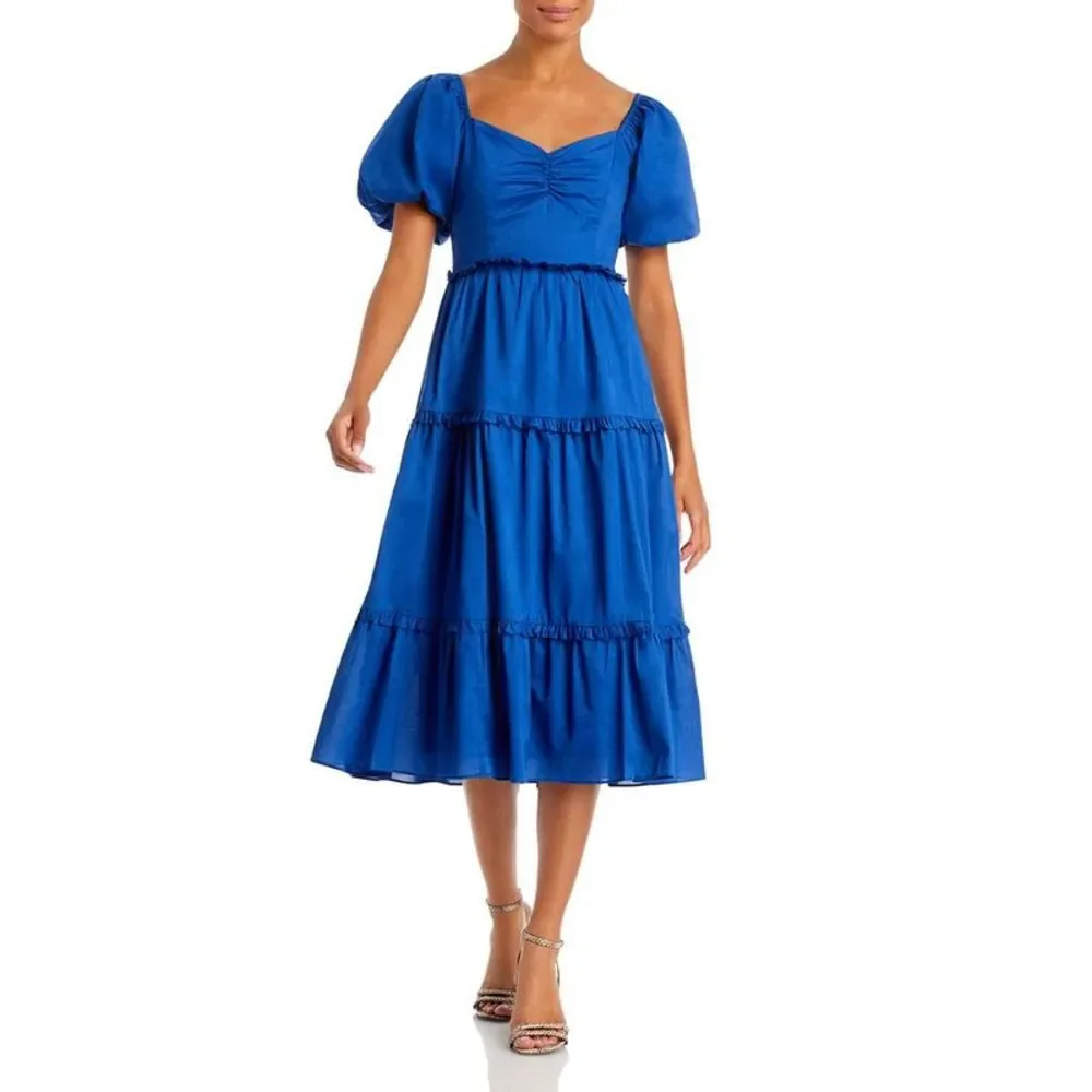 Lucy Paris Womens Mischa Blue Puff Sleeve Tiered Casual Midi Dress NWT